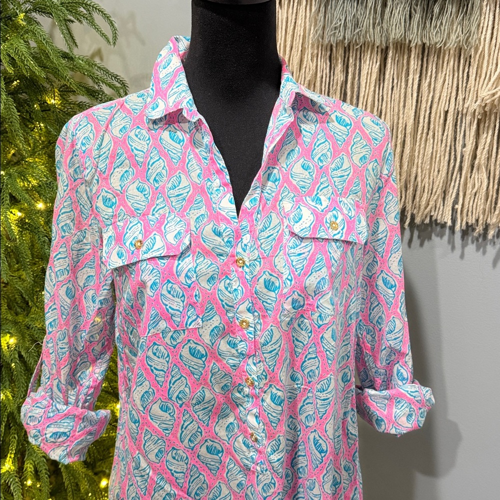 Lilly Pulitzer Cotton Seashell Print Tunic Shirt Dress Pink Blue Size S
